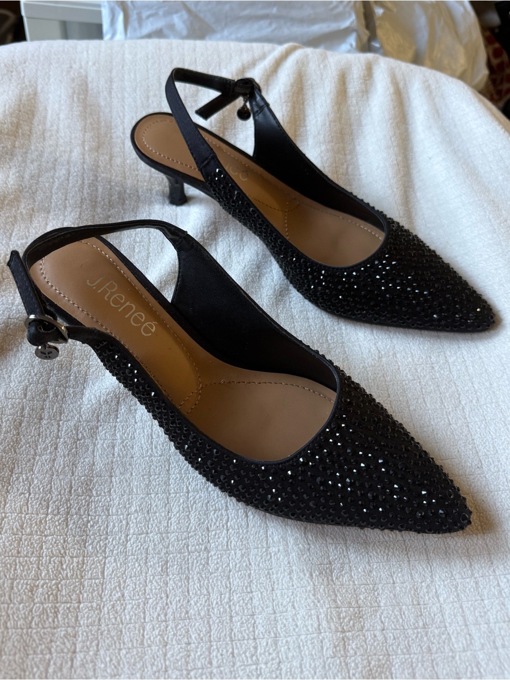 J. Renee Black Rhinestone Slingback Kitten Heels | Elegant Evening Shoes